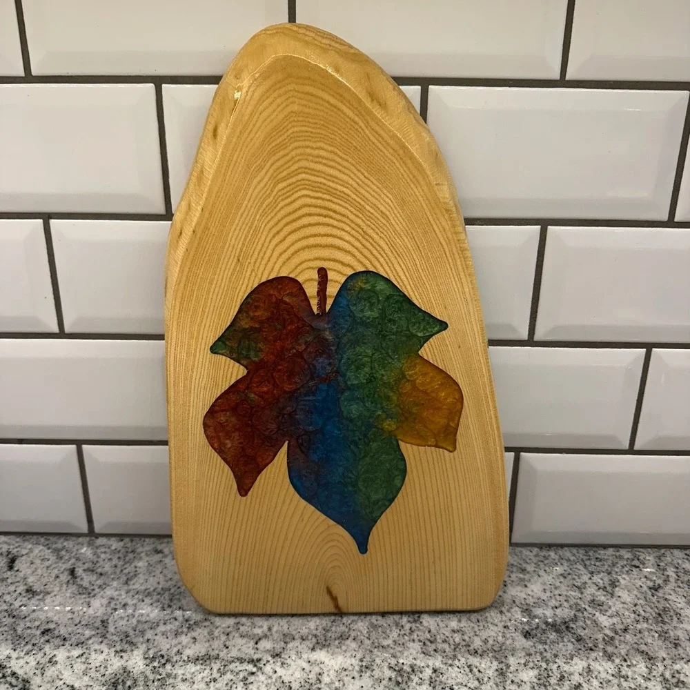 White Mountain Woodworks Live edge Cutting Board Rainbow Resin Leaf Rustic Boho